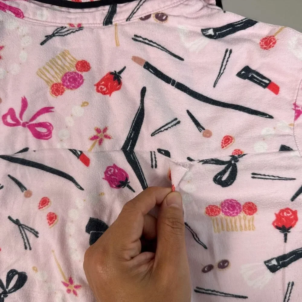 Kate Spade Pink Flannel Pajama Set Makeup Lipstick Bows Sz Med READ DESC.